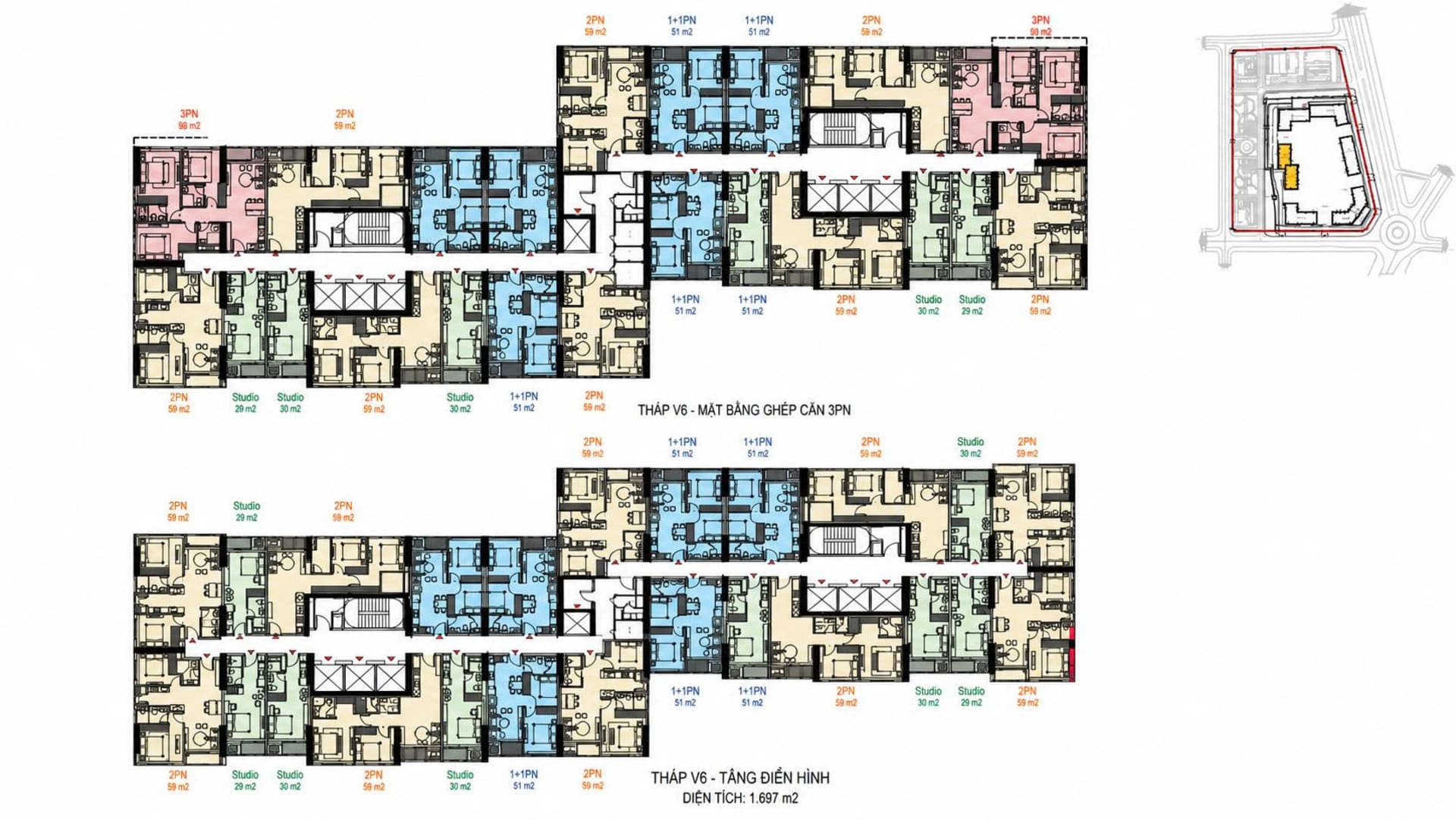 Mặt bằng tầng điển hình tòa V6 Sun Group Vinh được bố trí căn hộ sang trọng, tối ưu diện tích sử dụng và view trọn thành phố.
