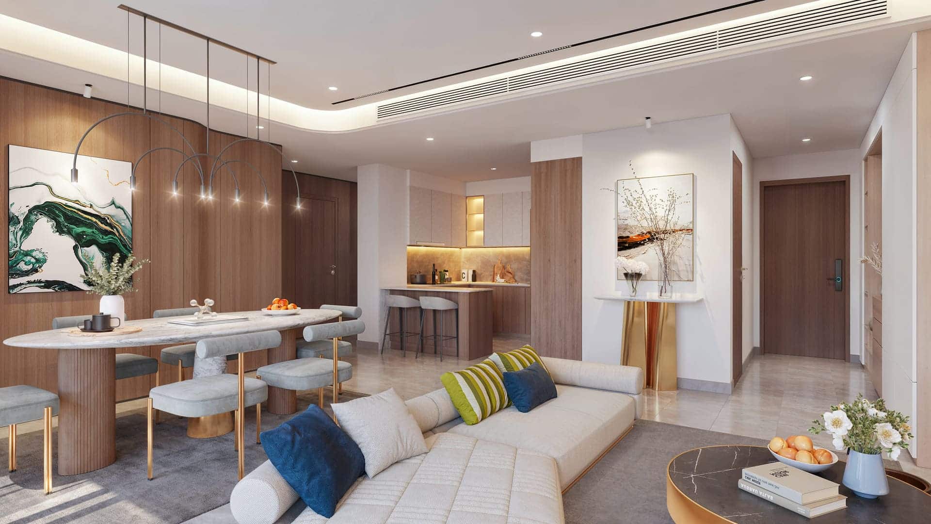 Kiến trúc không gian concept mở tại dự án Sun Group Vinh xóa bỏ mọi ranh giới thô cứng, kết nối hoàn hảo giữa phòng khách, phòng ăn nhằm tối đa hóa diện tích sinh hoạt chung của gia đình.