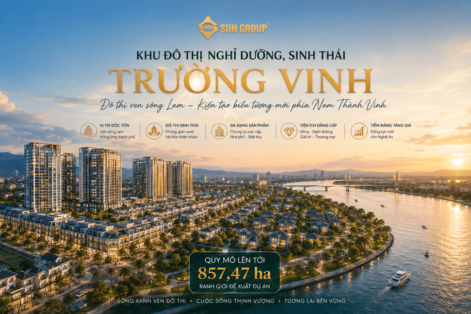 Phối cảnh đẳng cấp dự án Sun Group Vinh tại Nghệ An, sở hữu vị trí đắc địa cùng kiến trúc hiện đại, hứa hẹn trở thành biểu tượng sống thượng lưu và tâm điểm đầu tư bất động sản sáng giá nhất khu vực.