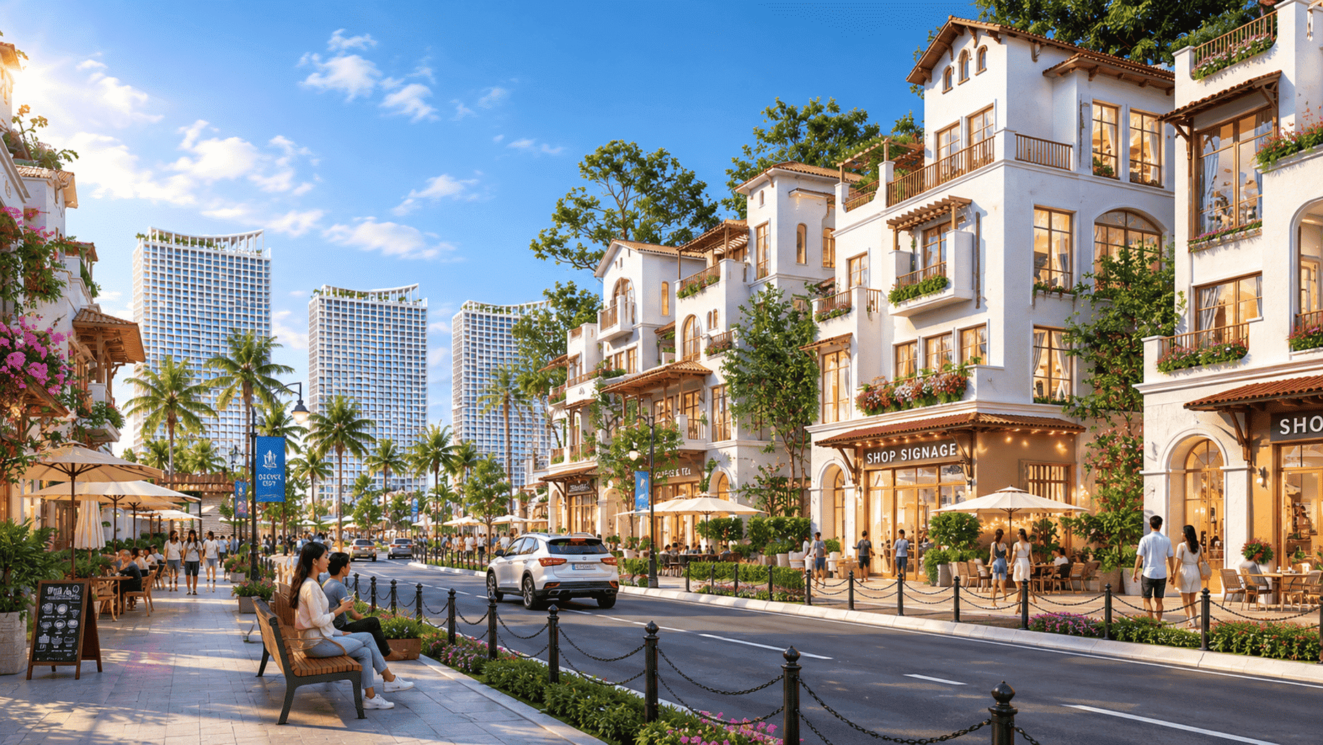 Phối cảnh tuyến nhà phố thương mại shophouse Sun Group Vinh quy tụ hàng loạt thương hiệu quốc tế, hứa hẹn trở thành tâm điểm mua sắm, giải trí và ẩm thực sầm uất đêm ngày tại thành phố Vinh