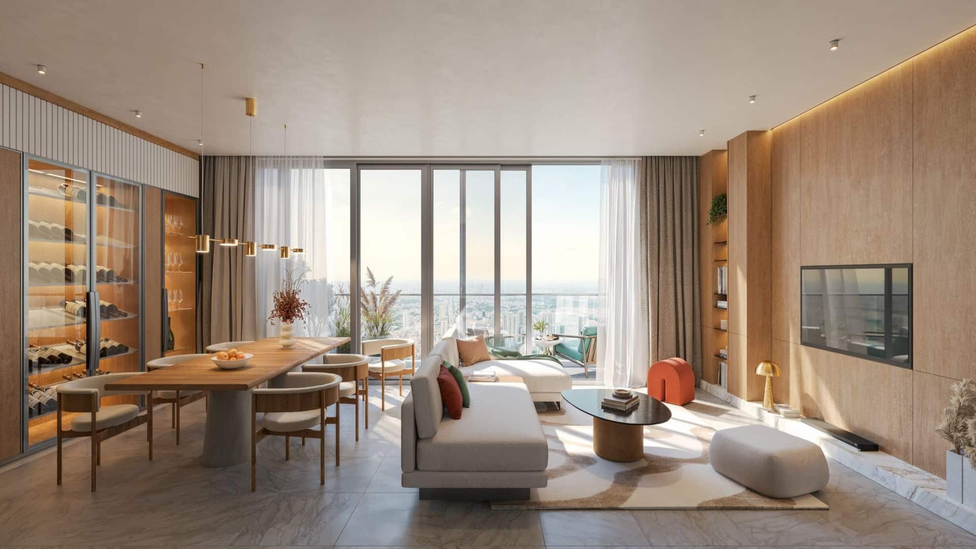 Thiết kế phòng khách căn hộ Sun Group Vinh tràn ngập ánh sáng tự nhiên nhờ hệ thống kính chạm trần cao cấp, tối ưu hóa tầm nhìn panorama thoáng đãng và mang lại vẻ đẹp sang trọng.